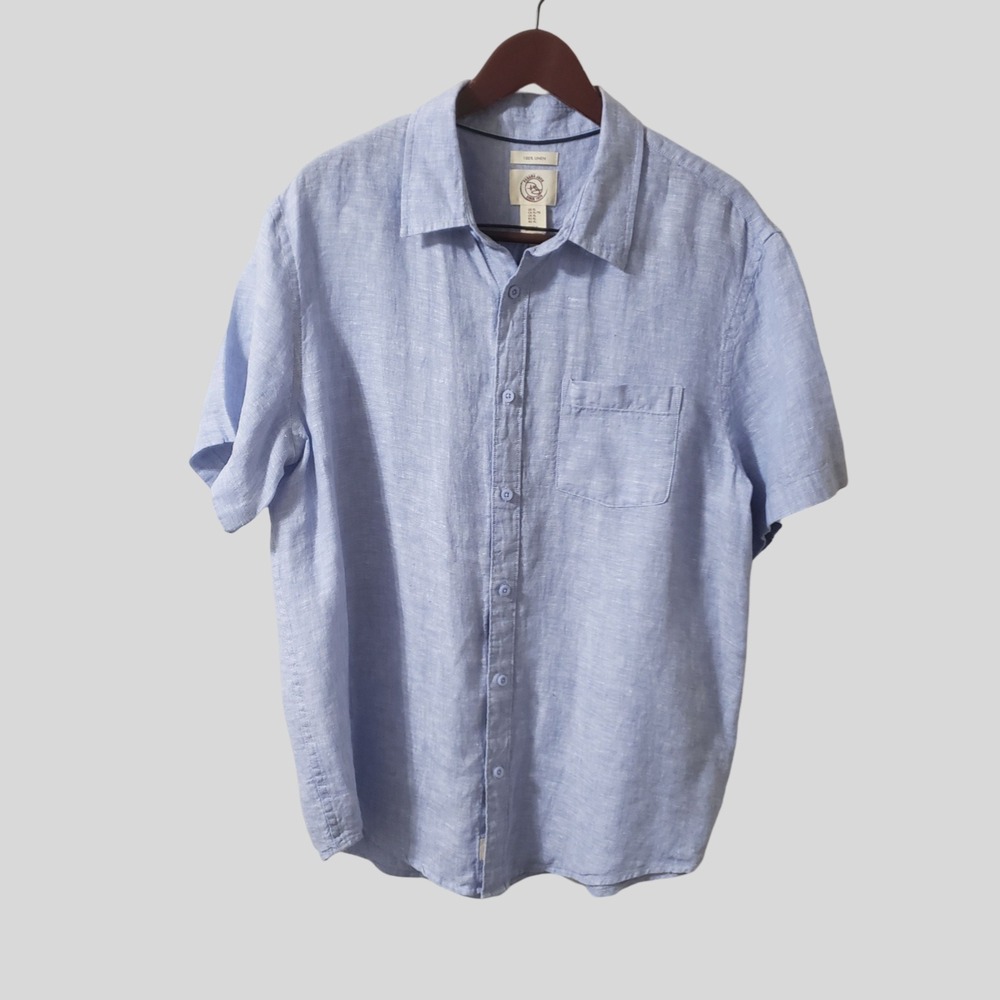 Panama Jack Mens Blue 100% Linen Short Sleeve Button Up Shirt XL Pocket Casual